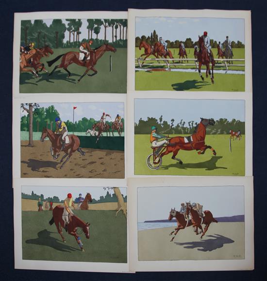 After Charles Ancelin (1863-1940) Horse racing pochoir prints, published by Galeria Lutetia, Paris, 15 x 22in.